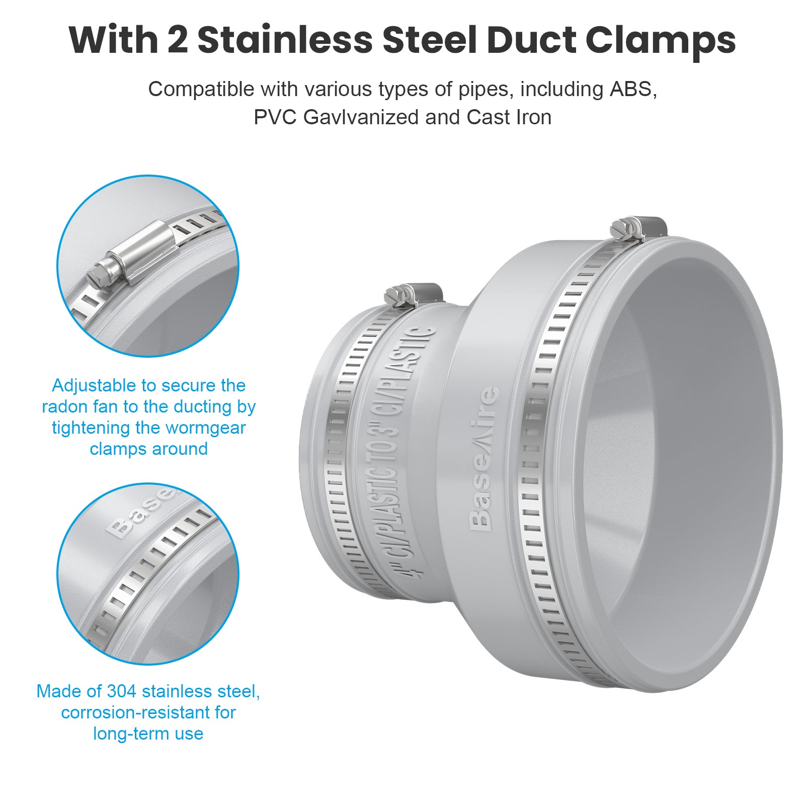 BaseAire 4 to 3 Inch Radon Exhaust Fan Adapter for RadonEx 15F Radon Fan