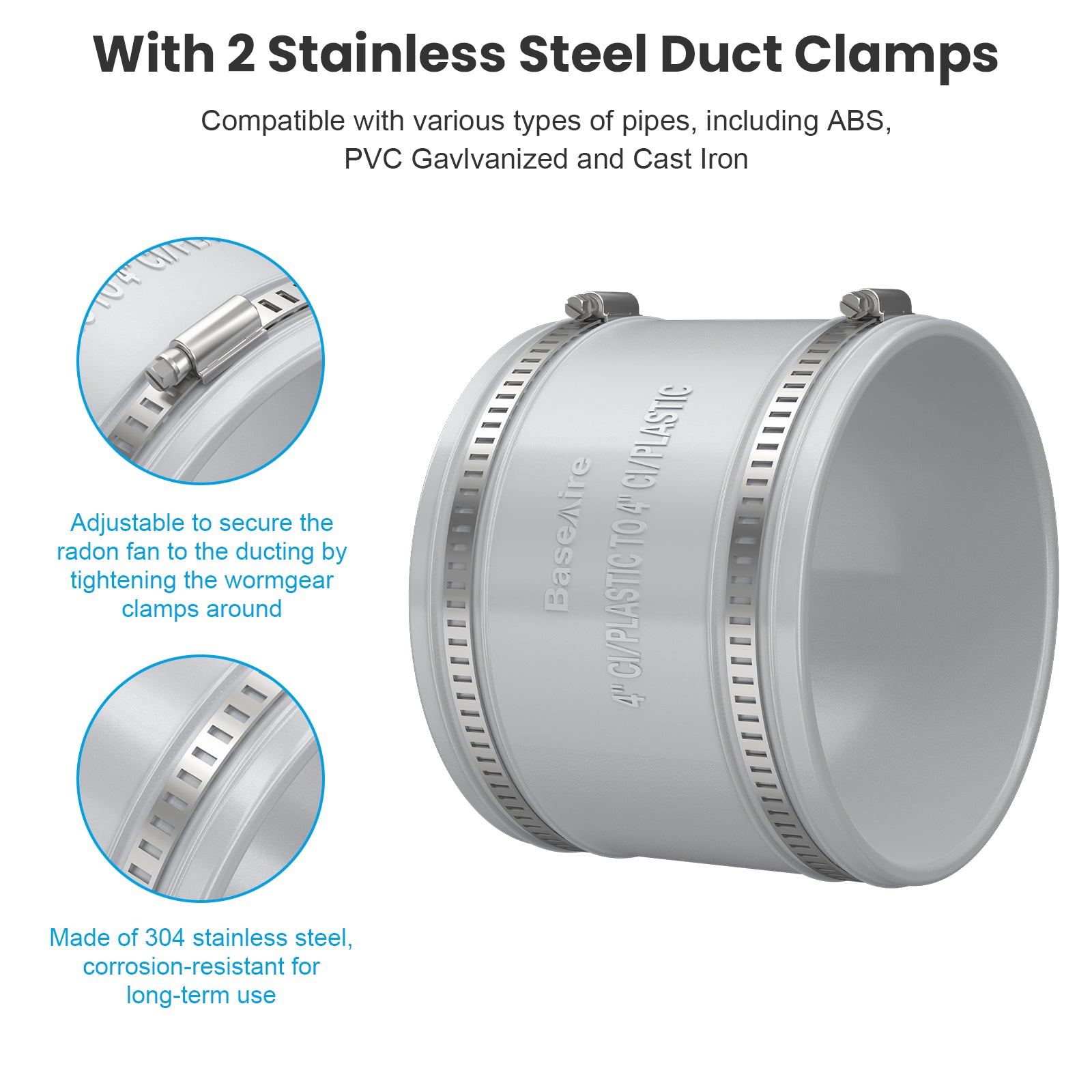 BaseAire 4 to 4 Inch 2 Packs Radon Exhaust Fan Adapter for RadonEx 15F Radon Fan