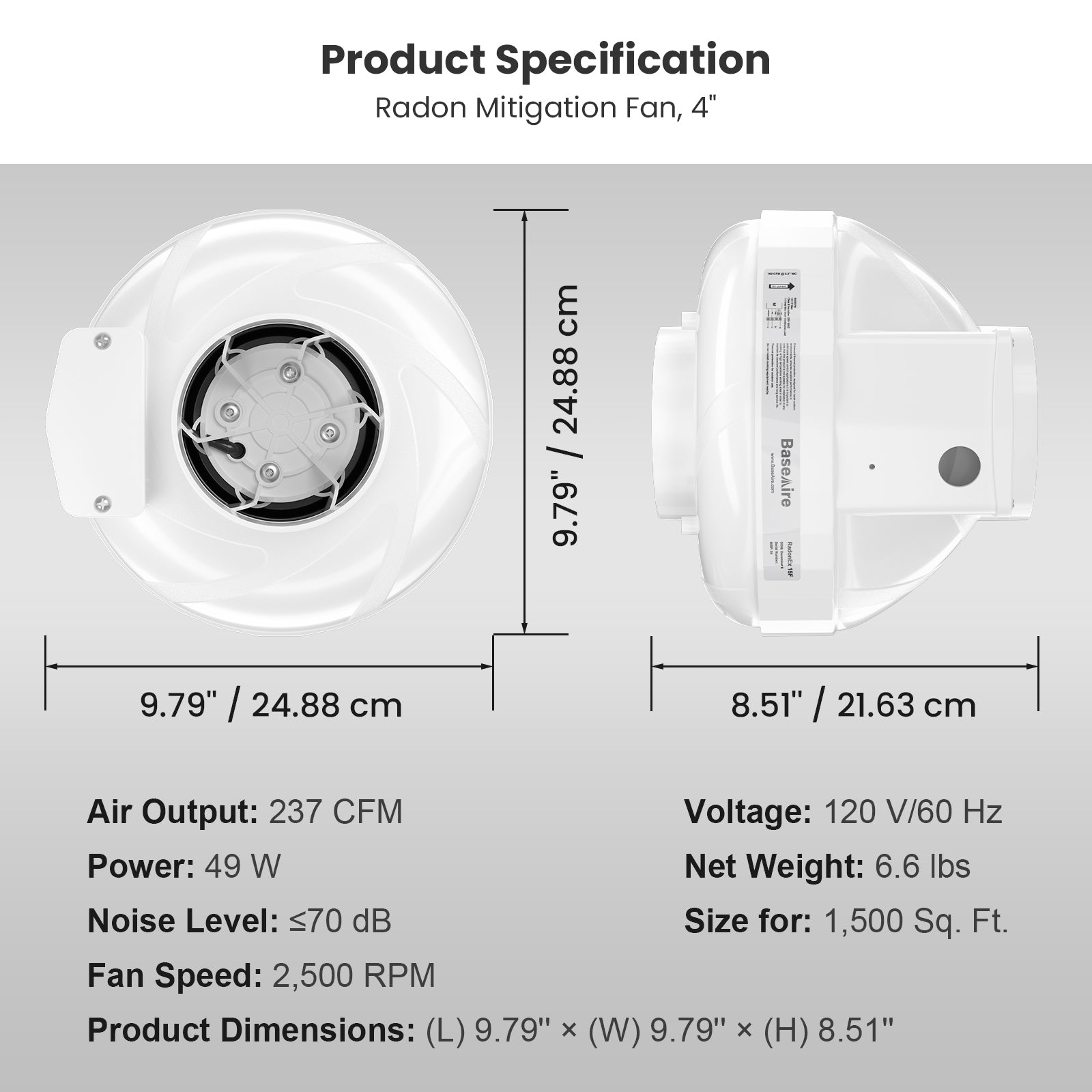 BaseAire® RadonEx 15F Radon Mitigation Fan