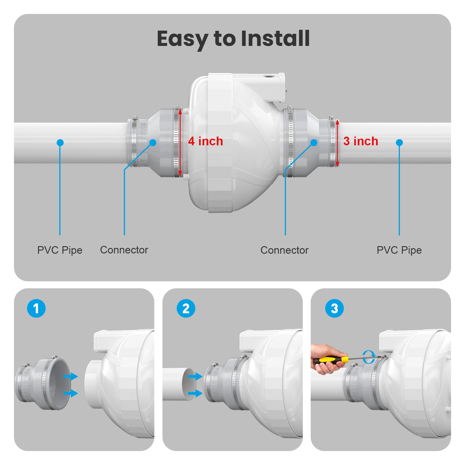 BaseAire 4 to 3 Inch Radon Exhaust Fan Adapter for RadonEx 15F Radon Fan