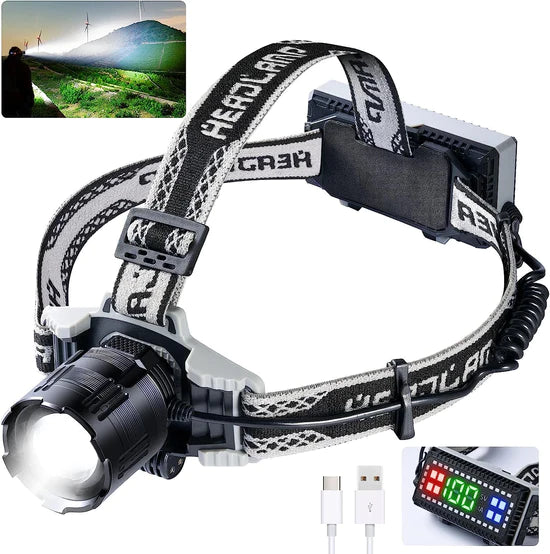 BaseAire LED Rechargeable Headlamp, 1200 Lumens Super Bright with XHP160,4 Modes USB Zoomable Head Lamp,Digital Power Display,IPX6 Waterproof Headlight with Warning Light for Dark Space, Camping, Running