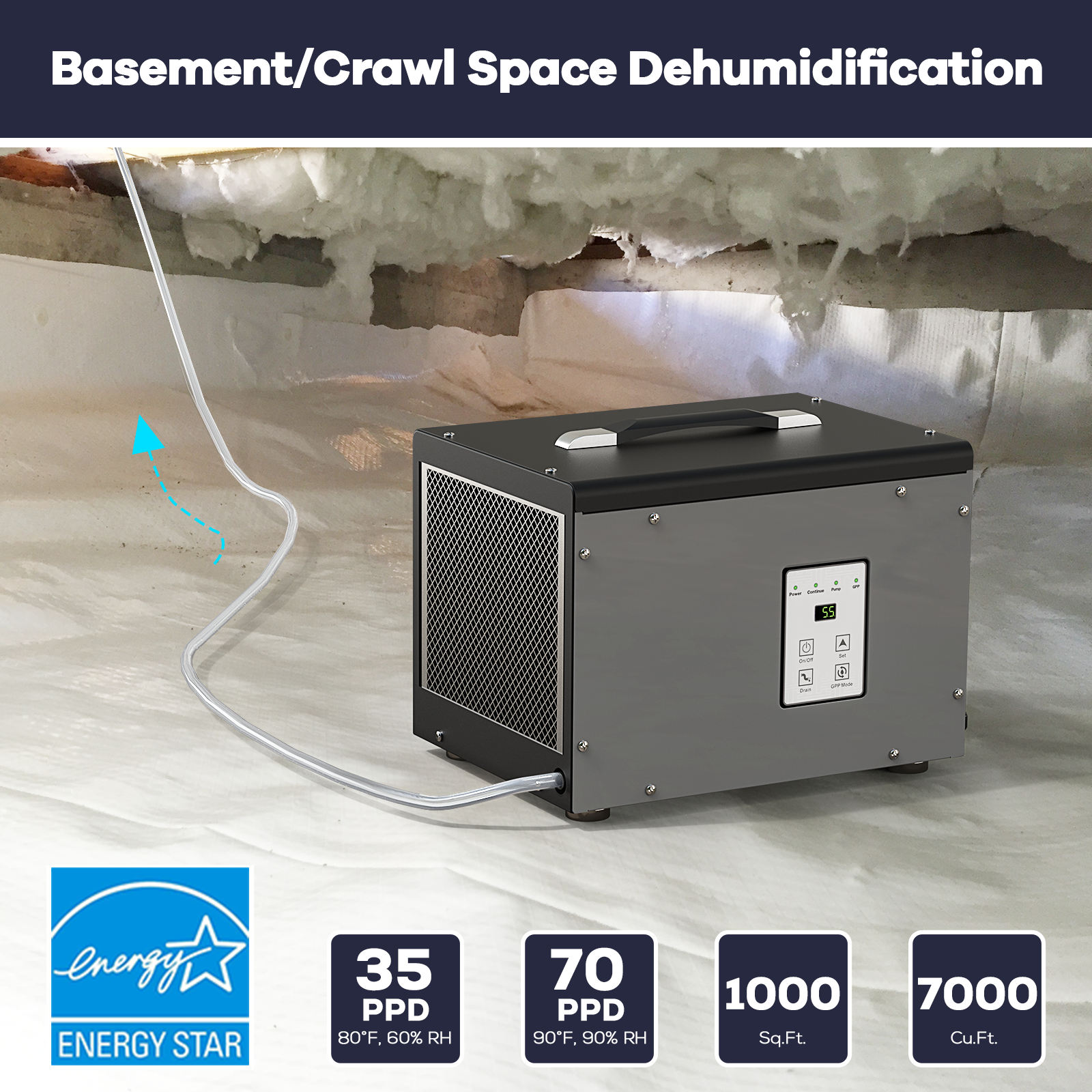 BaseAire 70 PPD Crawl Space Dehumidifier, Energy Star Crawlspace Dehumidifiers Commercial Dehu for Home and Basements - Crawl Space dehumidifier from [store] by Baseaire - 
