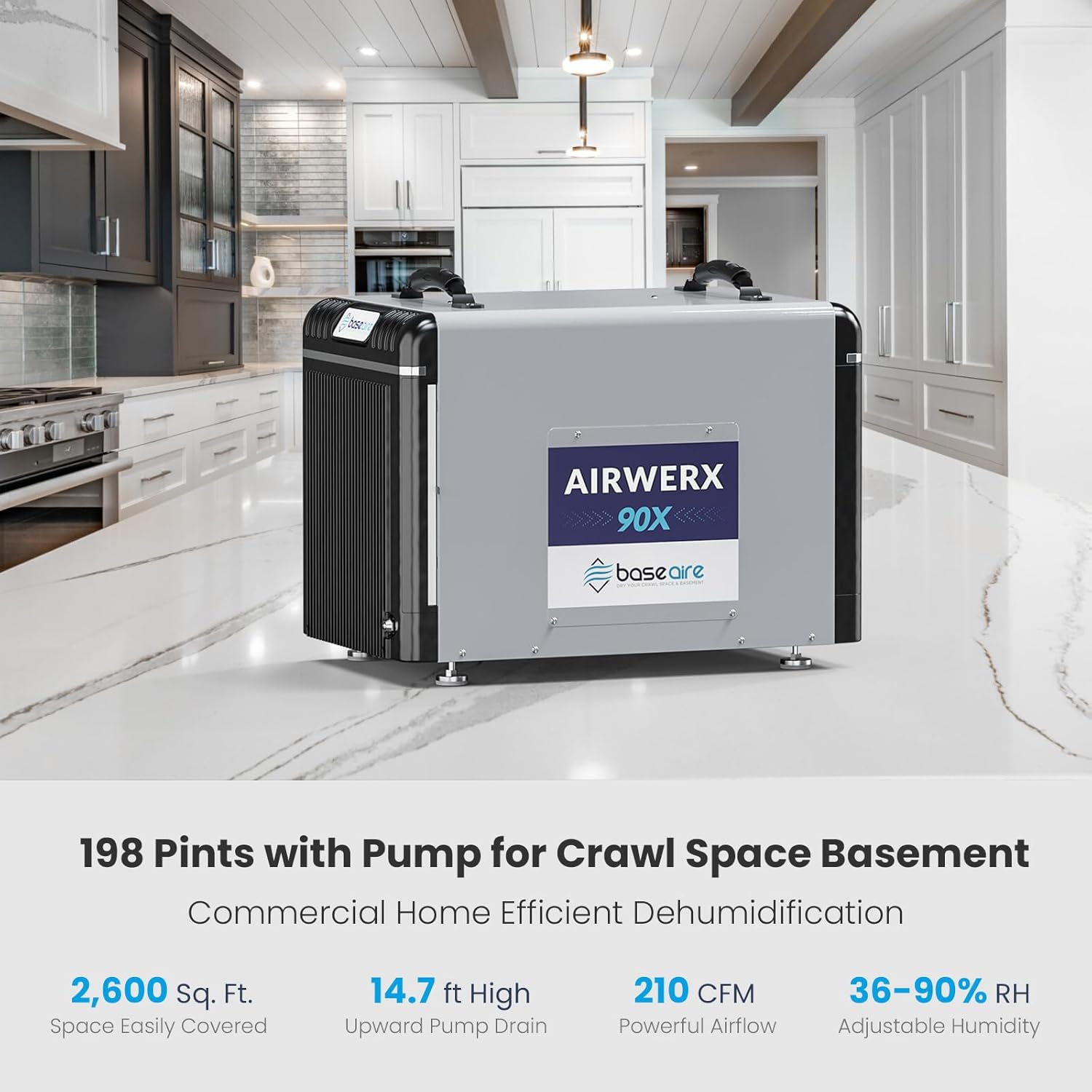 BaseAire® AirWerx 90X Crawl Space Dehumidifier, 98 Pints Basement Dehumidifier with Pump