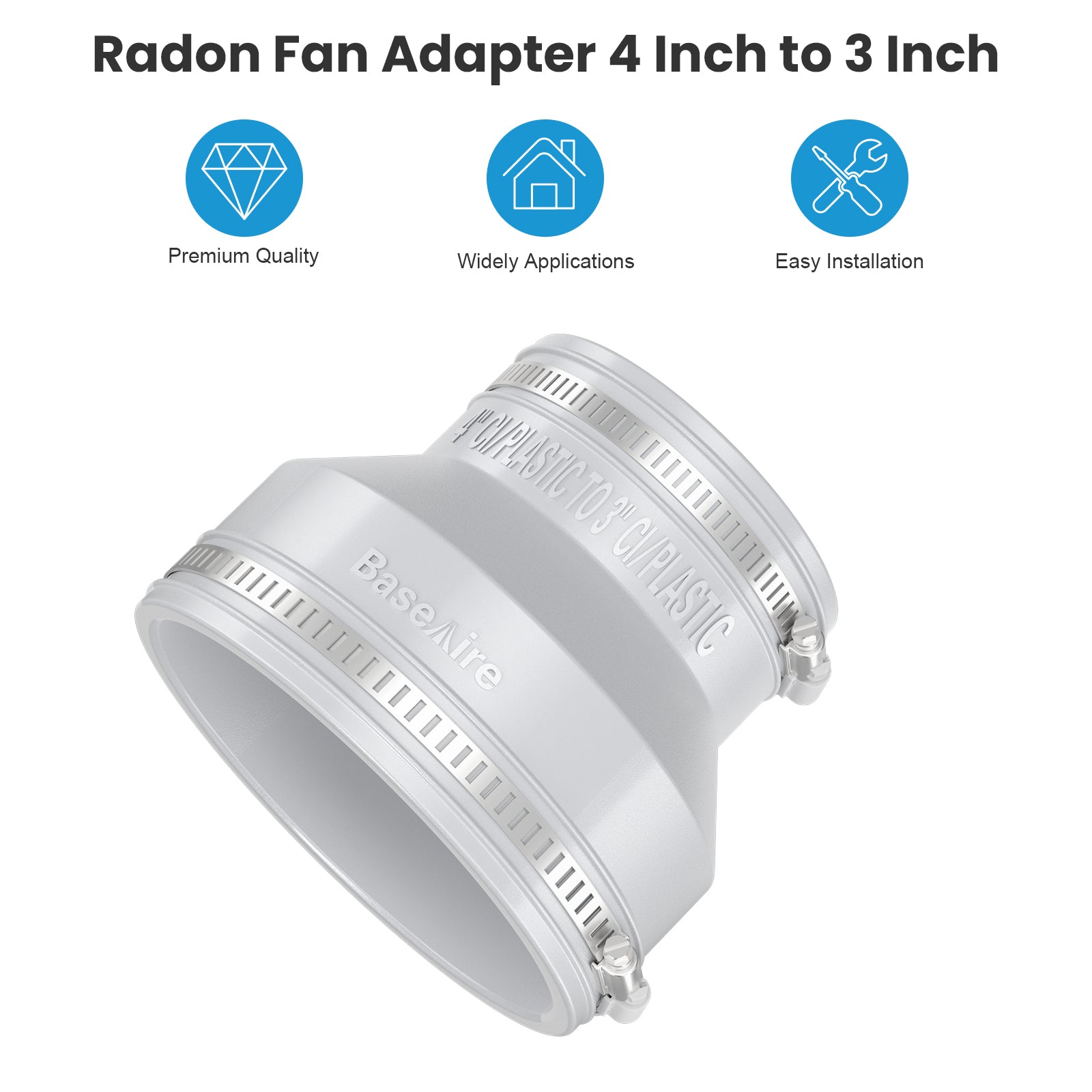 BaseAire 4 to 3 Inch Radon Exhaust Fan Adapter for RadonEx 15F Radon Fan