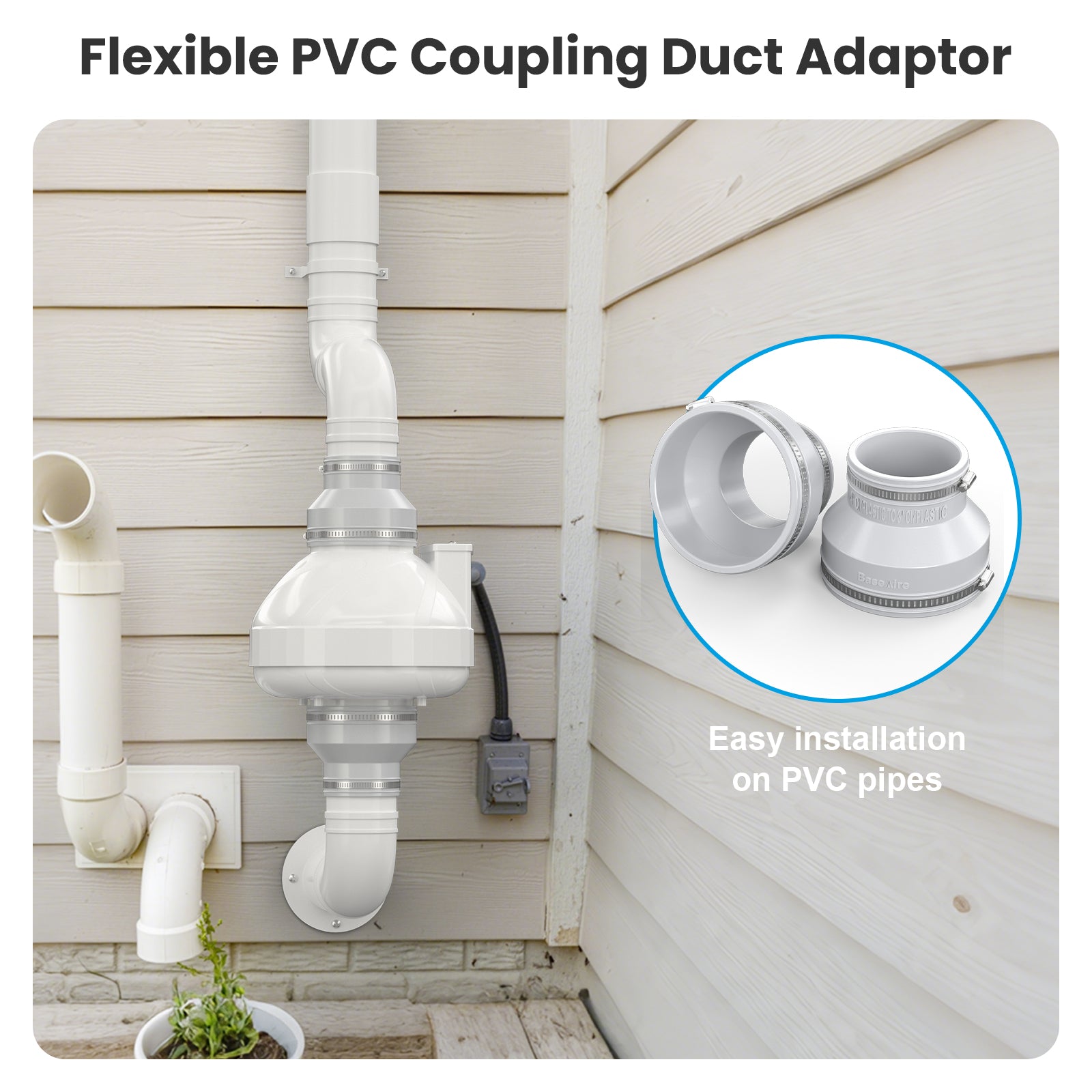 BaseAire 4 to 3 Inch Radon Exhaust Fan Adapter for RadonEx 15F Radon Fan