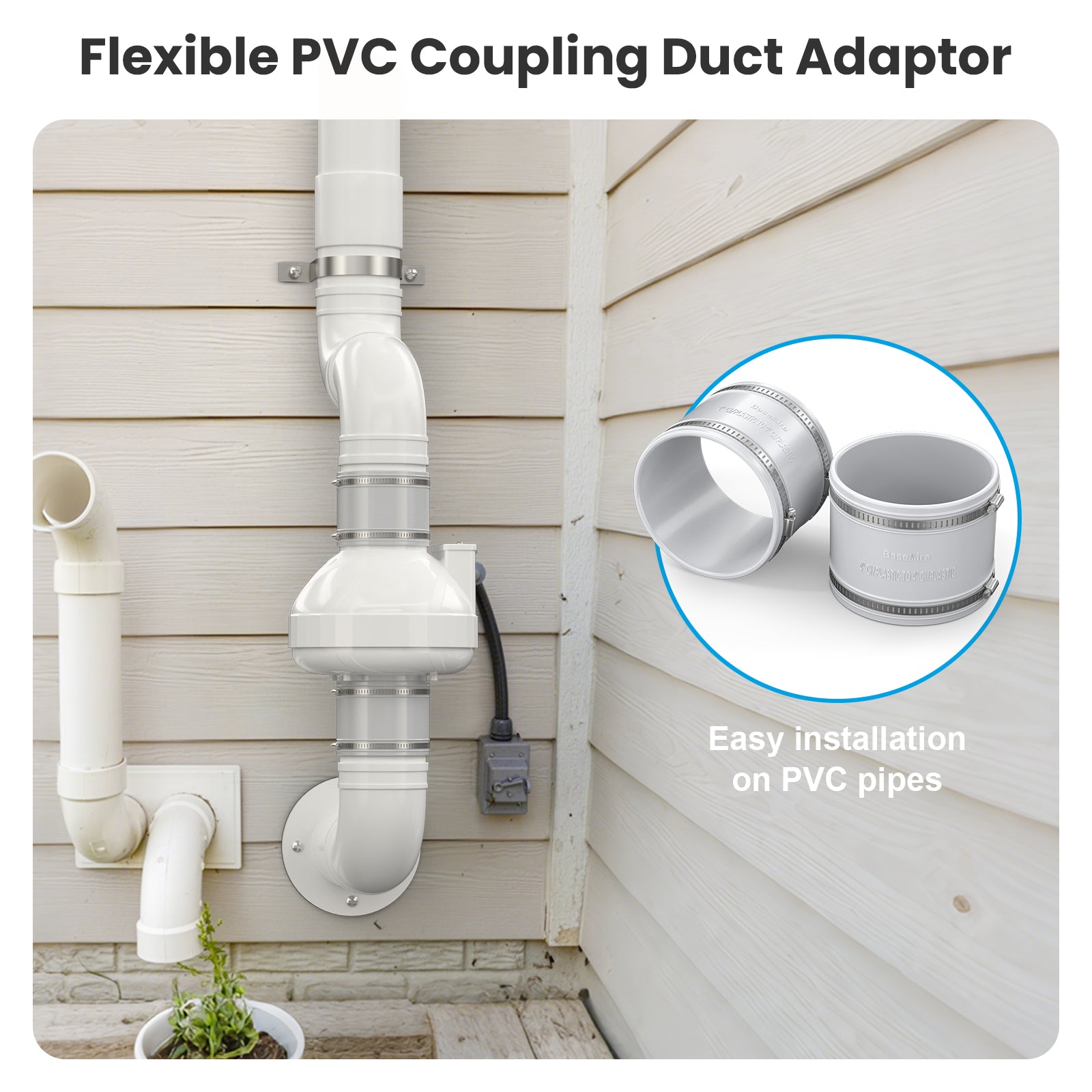 BaseAire 4 to 4 Inch 2 Packs Radon Exhaust Fan Adapter for RadonEx 15F Radon Fan